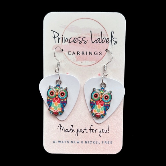 Handcrafted Earrings Repurposed Guitar Picks Wise is the Owl Silver Plate Wires - Picture 6 of 10